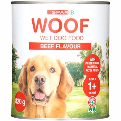 SPAR WOOF DOG FOOD BEEF FLAVOUR 820G