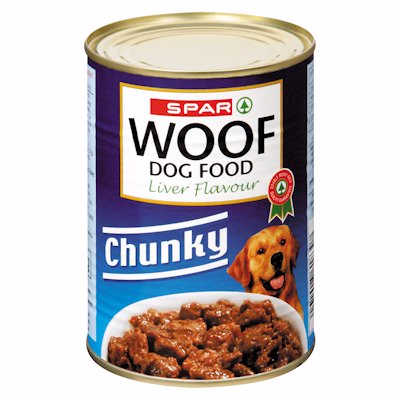 SPAR WOOF DOG FOOD CHUNKY LIVER FLAVOUR 385G