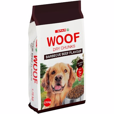 SPAR WOOF DOG CHUNKS BBQ BEEF FLAVOUR 1.75K