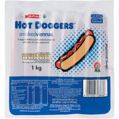 SPAR HOT DOGGERS SMOKED VIENNAS 1KG