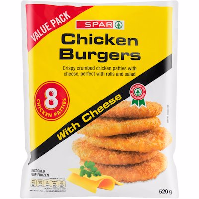 SPAR CHICKEN BURGER CRUMBED CHEESE 520GR