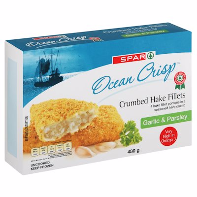 SPAR HAKE CRUMBED HAKE FILLET GARLIC & PARS 480GR