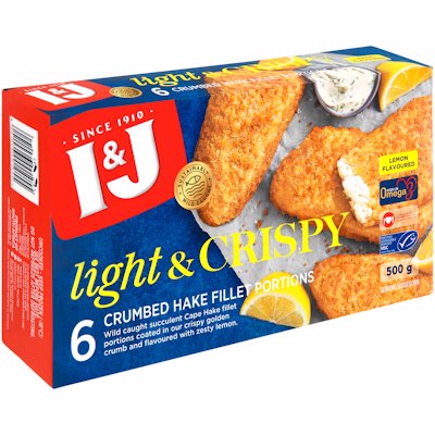 I & J CRUMBED HAKE PORTION LEMON FLAVOURED 500G