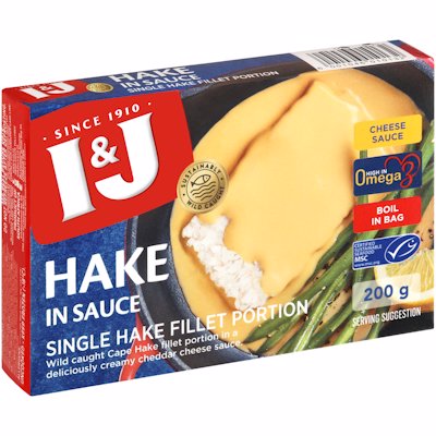 I & J FISH HAKE FILLETS IN CHEESE SAUCE 200G