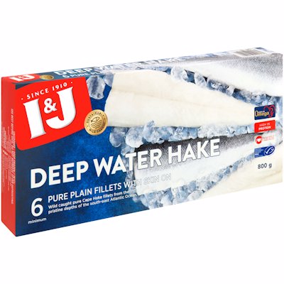 I & J DEEP WATER HAKE SKIN ON PLAIN FILLETS 800G