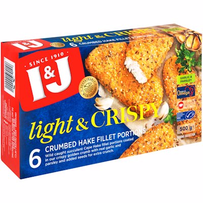 I & J CRUMBED HAKE FILLET GARLIC & PARSLEY 500G