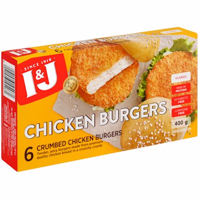 I & J CRUMBED CHICKEN BREAST BURGERS 400G