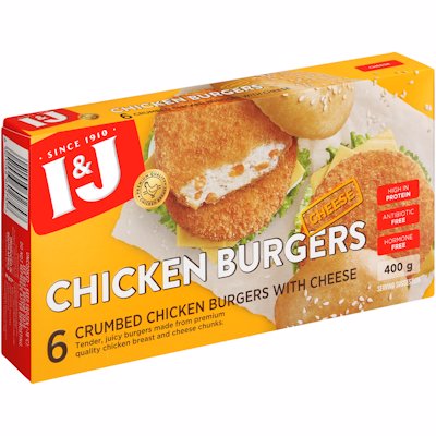 I & J CHICKEN BURGERS CRUMBED CHEESE 400GR