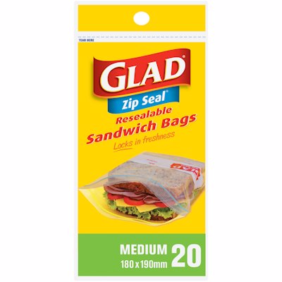 GLAD ZIP SEAL SANDWICH BAGS MEDIUM 20'S