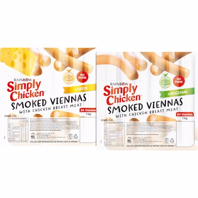 SIMPLY CHICKEN 24 SMOKED VIENNAS CHEESE 1KG