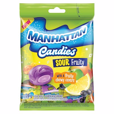 MANHATTAN CANDIES SOUR FRUITY CHEWY CENTRE 120GR