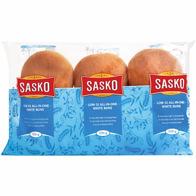 SASKO LOW GI ALL IN ONE WHITE BUNS 6 PACK 330GR