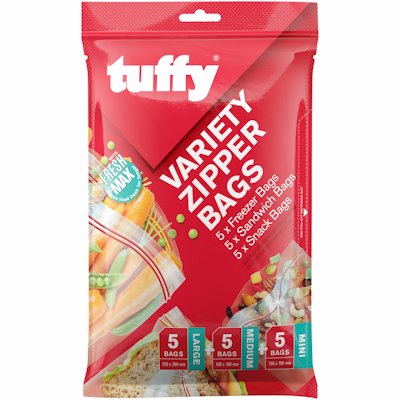 TUFFY VARIETY ZIPPER BAGS  LARGE MED SMALL 15'S