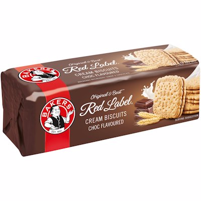 BAKERS RED LABEL CHOC CREAM FLAVOURED BISC 200GR