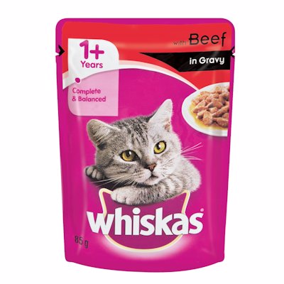 WHISKAS 1+ WITH BEEF IN GRAVY 85GR