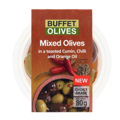 BUFFET OLIVES CUMIN CHILLI IN ORANGE OIL 80GR