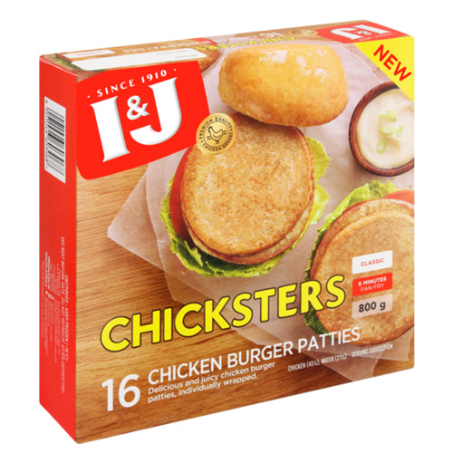 I & J CHICKSTERS CHICKEN BURGER PATTIES 800GR