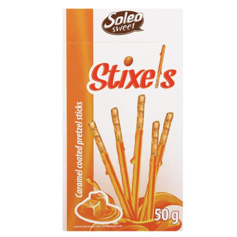 SOLEO CARAMEL COATED PRETZEL STICKS 50G